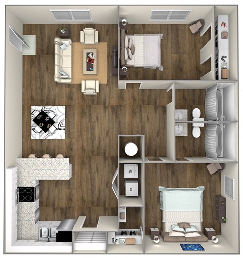 Floor plan for 2 beds, 2 baths, 1023 sqft